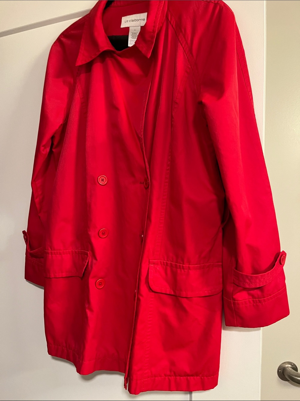 Liz Claiborne Belted Vintage Bright Red Double-Breasted Trench Cotton blend
